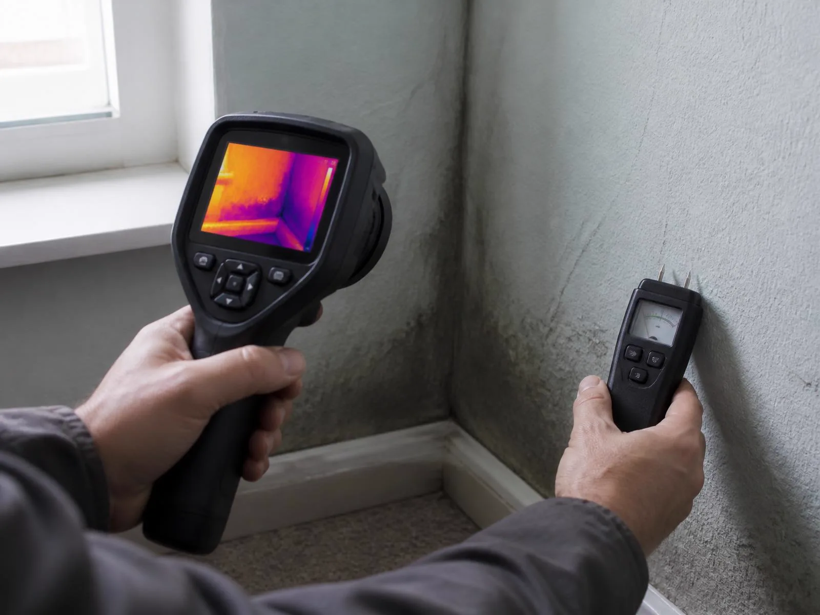 Technik s termokamerou hľadá zdroj vlhkosti na stene miestnosti