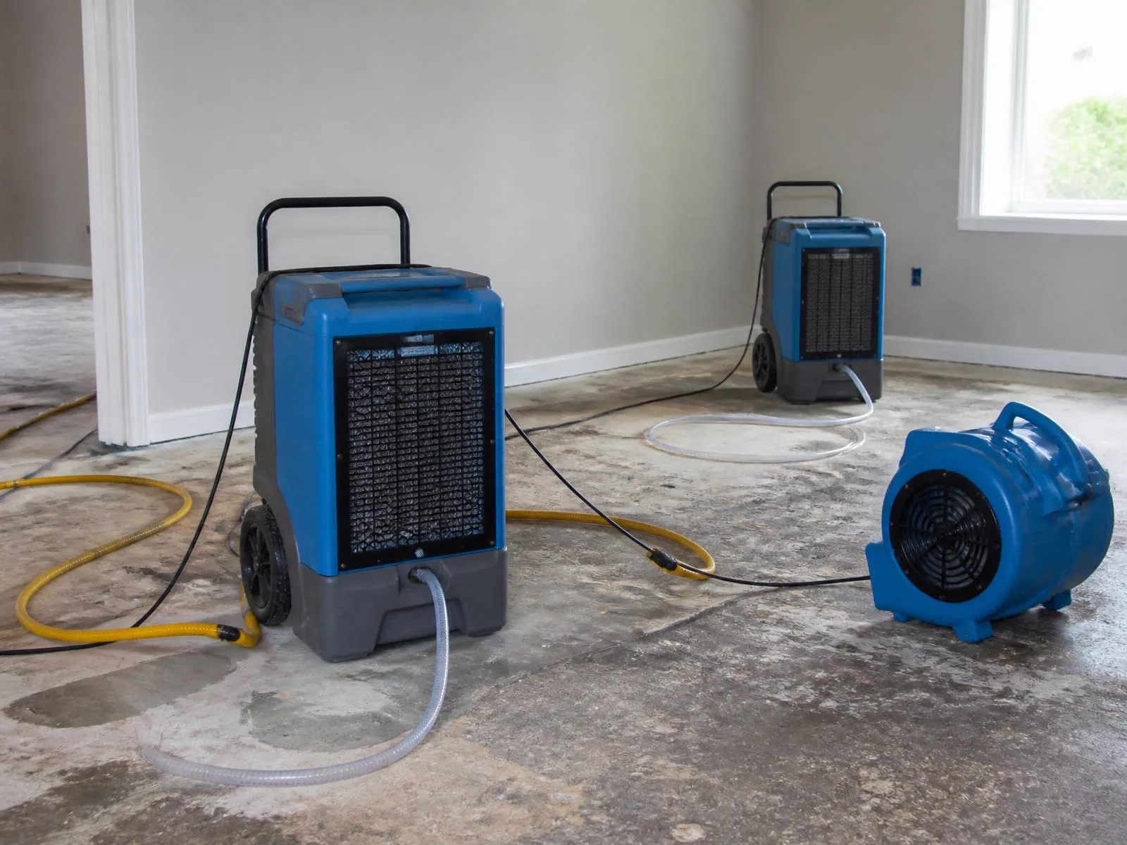 Kondenzačné vysúšače a ventilátor v prázdnej miestnosti počas vysúšania